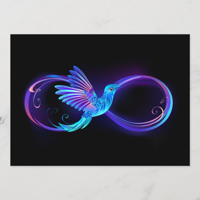 Neon Infinity Symbol mit dem leuchtenden Hummingbi Menükarte (Vorderseite)