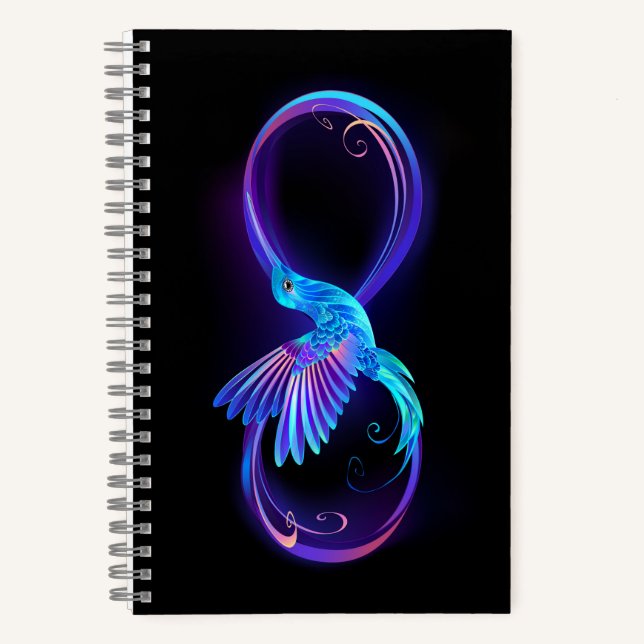 Neon Infinity Symbol mit dem leuchtenden Hummingbi Notizbuch (Vorderseite)