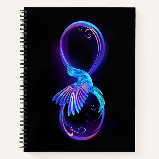 Neon Infinity Symbol mit dem leuchtenden Hummingbi Notizbuch (Vorderseite)