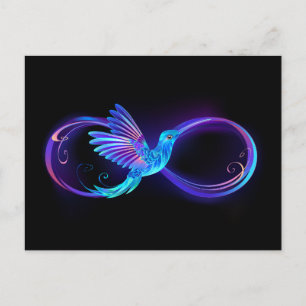 Neon Infinity Symbol mit dem leuchtenden Hummingbi Postkarte