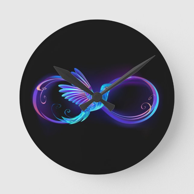 Neon Infinity Symbol mit dem leuchtenden Hummingbi Runde Wanduhr (Vorderseite)