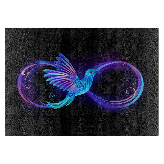 Neon Infinity Symbol mit dem leuchtenden Hummingbi Schneidebrett (Vorderseite)
