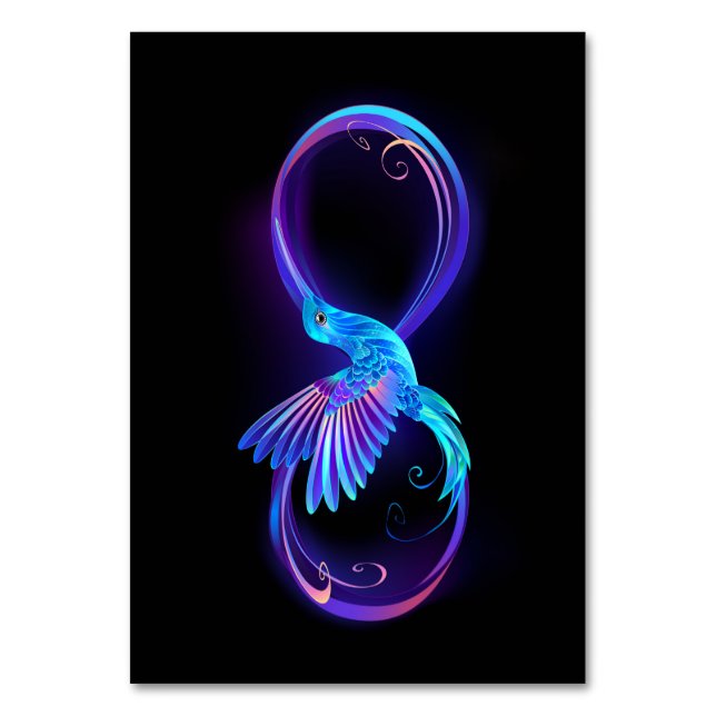 Neon Infinity Symbol mit dem leuchtenden Hummingbi Tischnummer (Vorderseite)