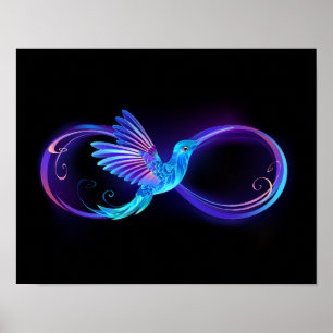 Neon-Infinity-Symbol mit leuchtendem Kolibri Poster