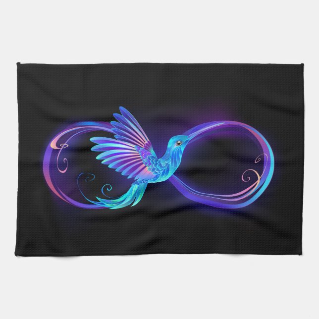 Neon Infinity Symbol with Glowing Hummingbird Geschirrtuch (Horizontal)