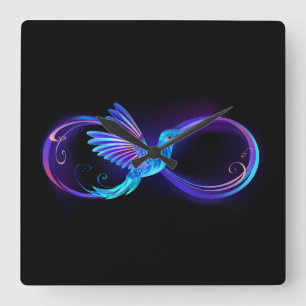 Neon Infinity Symbol with Glowing Hummingbird Quadratische Wanduhr