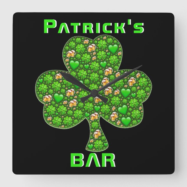 Neon Irish Pub Bar Sign Clock Kleeblatt Beer Quadratische Wanduhr (Vorderseite)