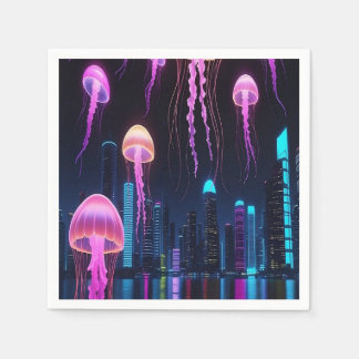 Neon Jellyfish Over Cyber City Serviette