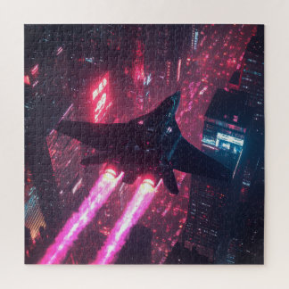 Neon Jet Over Cyberpunk City - Sci-Fi Puzzle