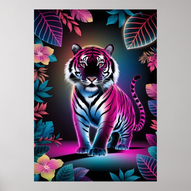 Neon Jungle Tiger - Lebhafter Cyberpunk Naturerleb Poster (Vorne)