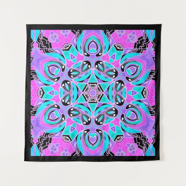 Neon kaleidoscope , Mandala , Kaleidoskop , Rosa Wandteppich (Vorderseite)