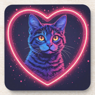 Neon-Katze-Herz-Design – Süße leuchtende Katzenlie Getränkeuntersetzer