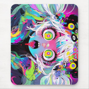 Neon Kawaii Shockwave: Psychedelisches Anime-Mädch Mousepad
