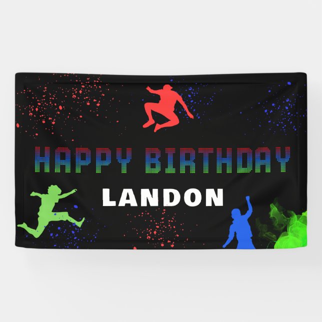 Neon Kids Trampolin Park Happy Birthday Banner (Horizontal)
