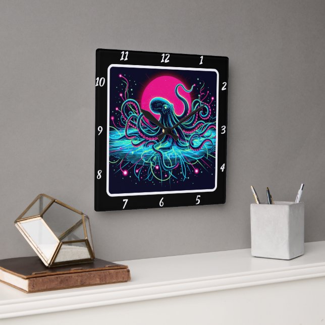 Neon Kraken Octopus Abyss Quadratische Wanduhr (Büro)