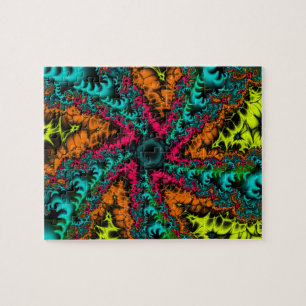 Neon Kunst des Blauen und orangen Fraktals Puzzle