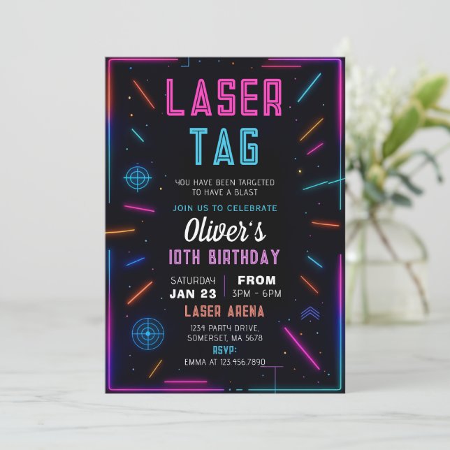 Neon Laser Tag Birthday Invitation Einladung (Stehend Vorderseite)