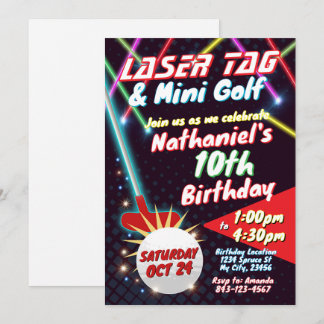 Neon Laser Tag und Mini Golf Einladung zum Geburts