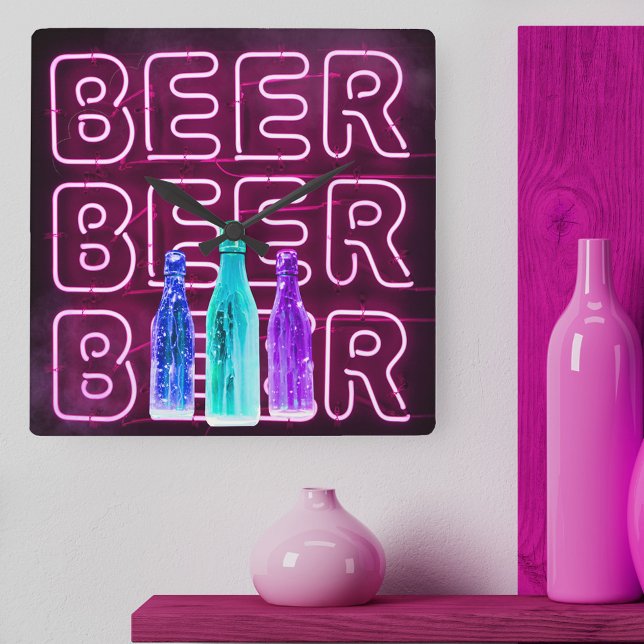 Neon-LED-Biersignatur Quadratische Wanduhr (Beer Clock with mock neon bar sign design.)