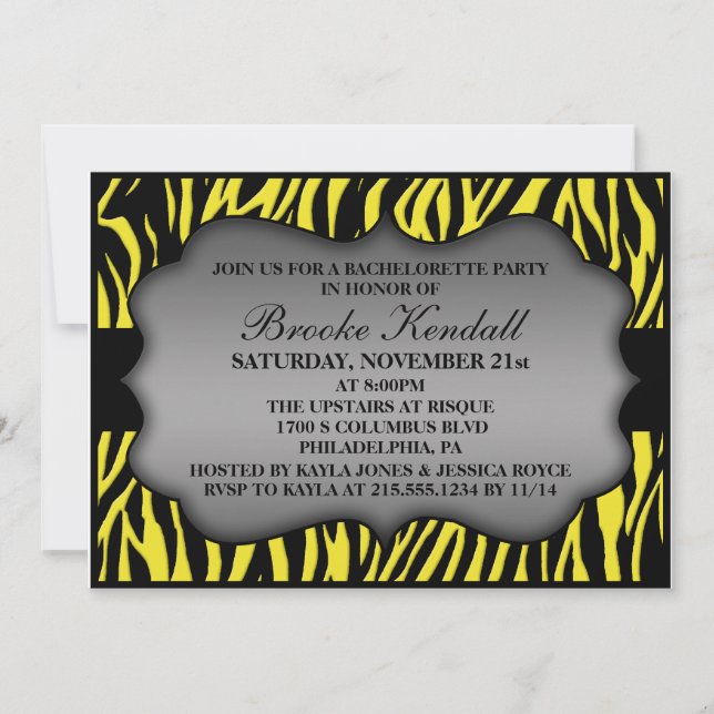Neon Lemon Wild Night Zebra Junggeselinnen-Abschie Einladung (Vorderseite)