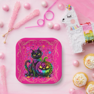 Neon Leopard Halloween-Katze und Kürbis-Party Pappteller
