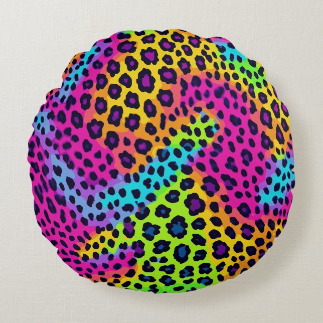 Neon Leopard Print Rundes Kissen (Vorderseite)