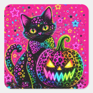 Neon-Leoparden-Halloween-Katze und Kürbis-Party Quadratischer Aufkleber