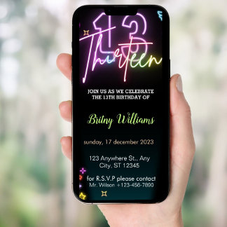 Neon Light 13. Phone Einladung zum Geburtstag