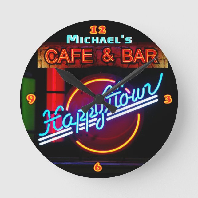 Neon Light BAR CAFE Custom SIGN Happy Hour Runde Wanduhr (Vorderseite)