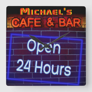 Neon Light BAR CAFE OPen ALL Hours Personalisiert  Quadratische Wanduhr