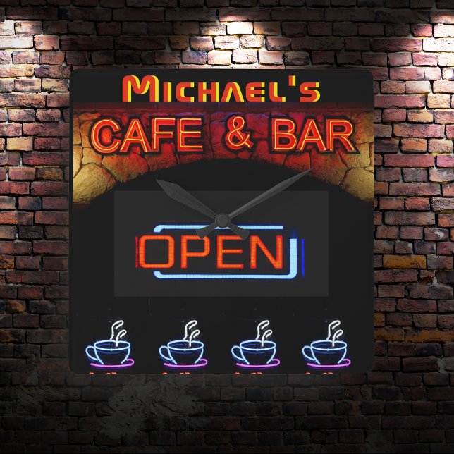 Neon Light BAR CAFE OPen Coffee Cups Personalisier Quadratische Wanduhr (Von Creator hochgeladen)
