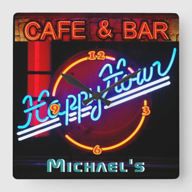 Neon Light BAR CAFE Personalisiert SIGN ManCave Quadratische Wanduhr (Vorderseite)