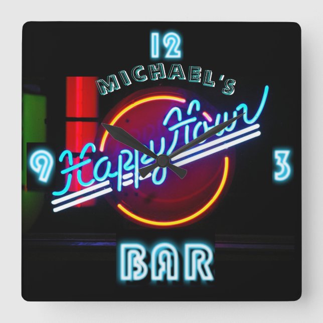 Neon Light BAR CLOCK Personalisiert Happy Hour 2 Quadratische Wanduhr (Vorderseite)