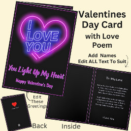 Neon Light Valentine Herz mit Liebe Gedicht Karte