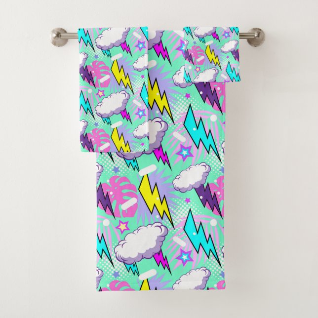 Neon Lightning Bolts & Stars Muster Badhandtuch Set (Insitu)