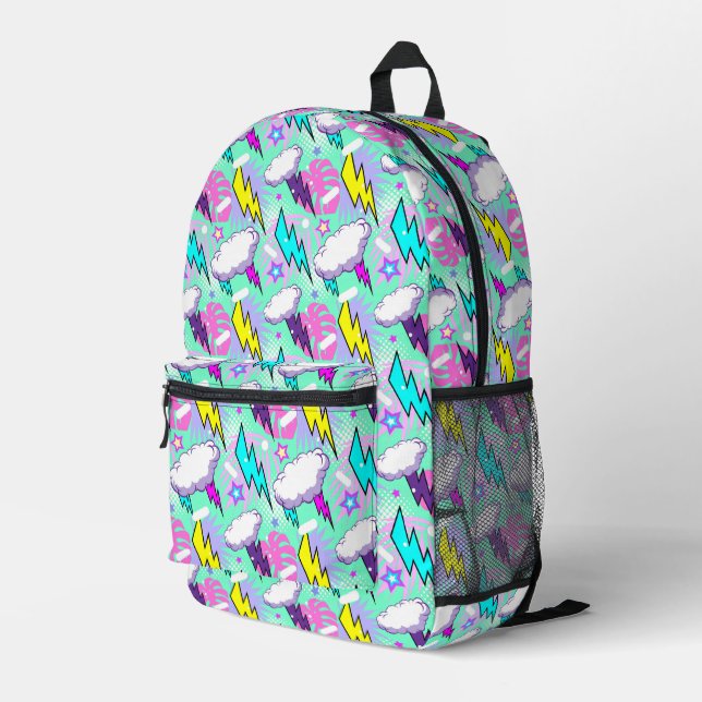 Neon Lightning Bolts & Stars Muster Bedruckter Rucksack (Rückseitige Ecke Rechts)
