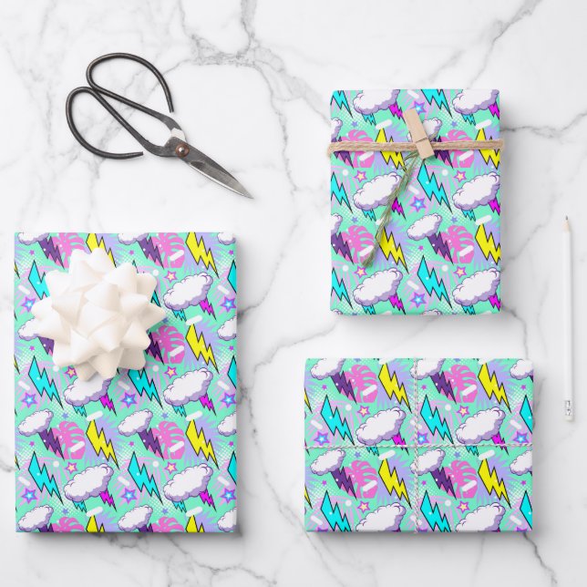 Neon Lightning Bolts & Stars Muster Geschenkpapier Set (Vorderseite)