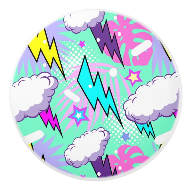 Neon Lightning Bolts & Stars Muster Keramikknauf (Vorderseite)
