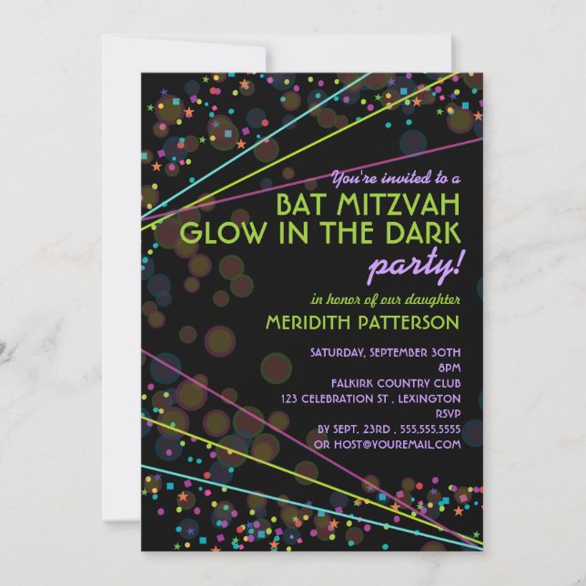 Neon Lights Bat Mitzvah Glühen im dunklen Party Einladung (Vorderseite)