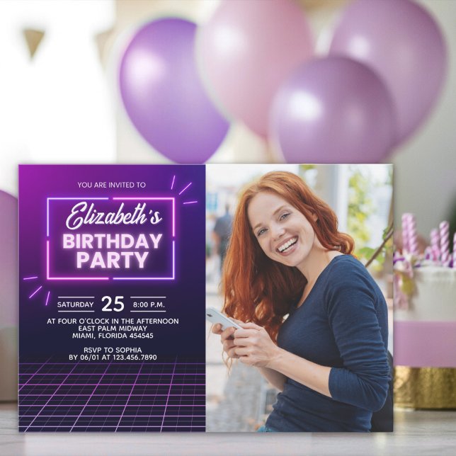 Neon Lights Birthday Invitation Photo Design Einladung (Von Creator hochgeladen)