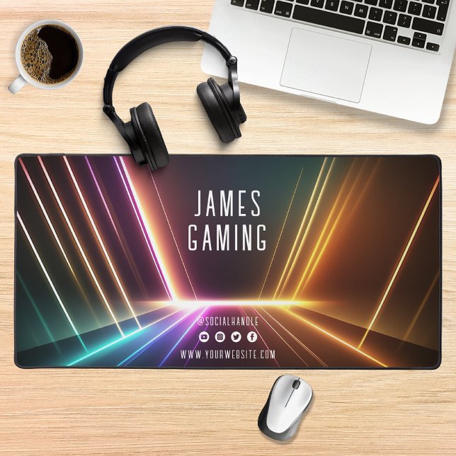 Neon Lights Gaming Gamer Social Media Personalisie Schreibtischunterlage (Von Creator hochgeladen)