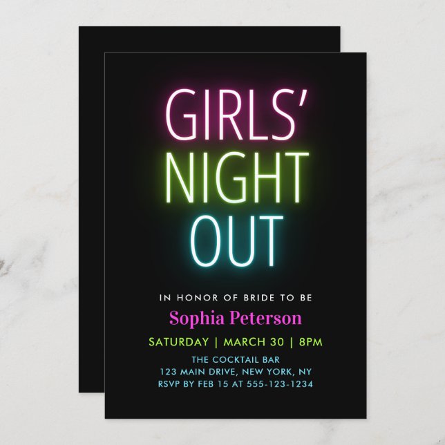 Neon Lights Girls Night Out Junggeselinnen-Abschie Einladung (Vorne/Hinten)