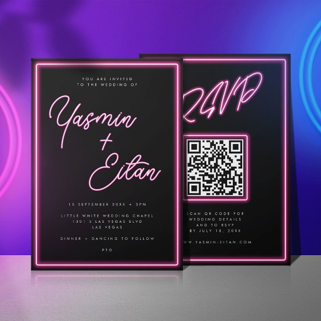 Neon Lights Hot Pink Black QR Code Hochzeit Einladung (Black invitation with pink neon light script for the bride and groom's names)