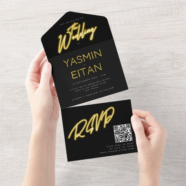 Neon Lights Yellow Black QR Code Hochzeit All In One Einladung (Abreißen)