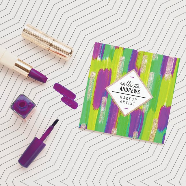 Neon Lila-Gelb-Gold-Glitzer Paint Makeup Quadratische Visitenkarte (Von Creator hochgeladen)