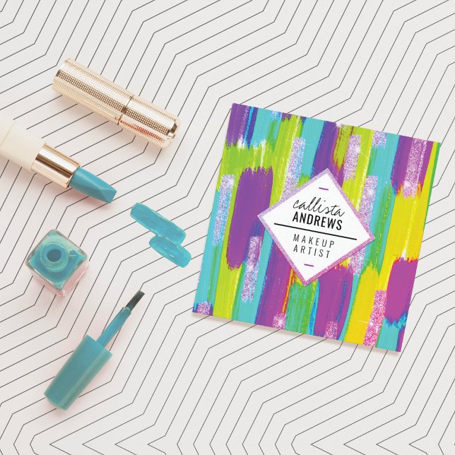 Neon Lila Green Yellow Aqua Glitzer Paint Makeup Quadratische Visitenkarte (Von Creator hochgeladen)