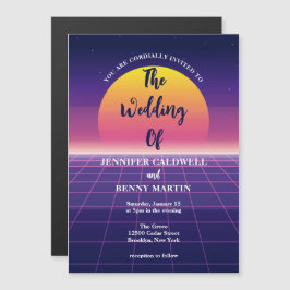 Neon Lila Retro 80er Synthwave Sunset Wedding Magneteinladung