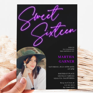 Neon lila signierte Drehbuch Spaß Foto arch Sweet Einladung