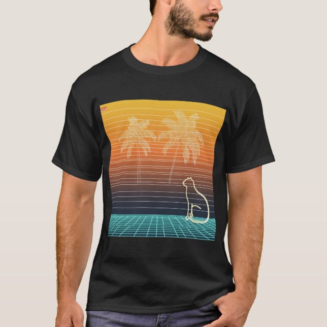 Neon Line Art Cat & Palms T-Shirt (Vorderseite)