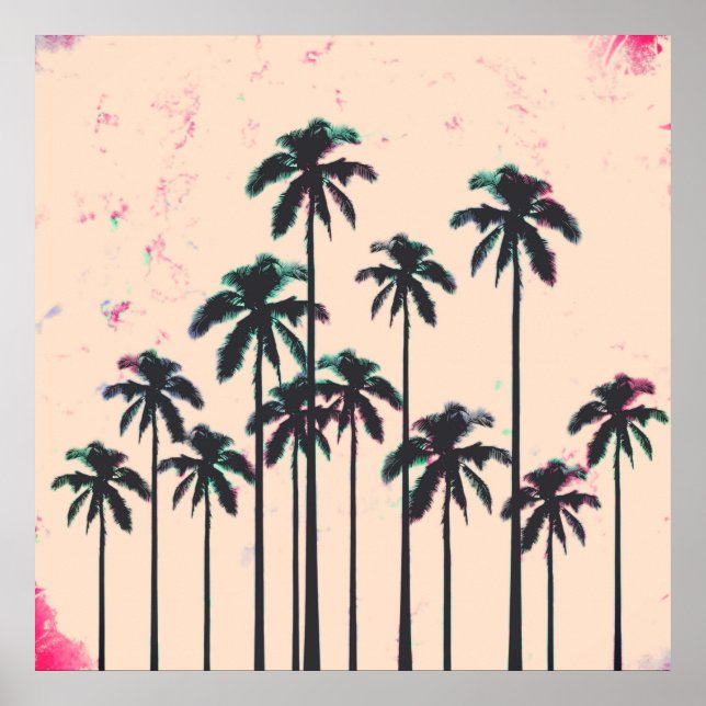 Neon Lined Black Palm Trees on Peach Horizon Poster (Vorne)